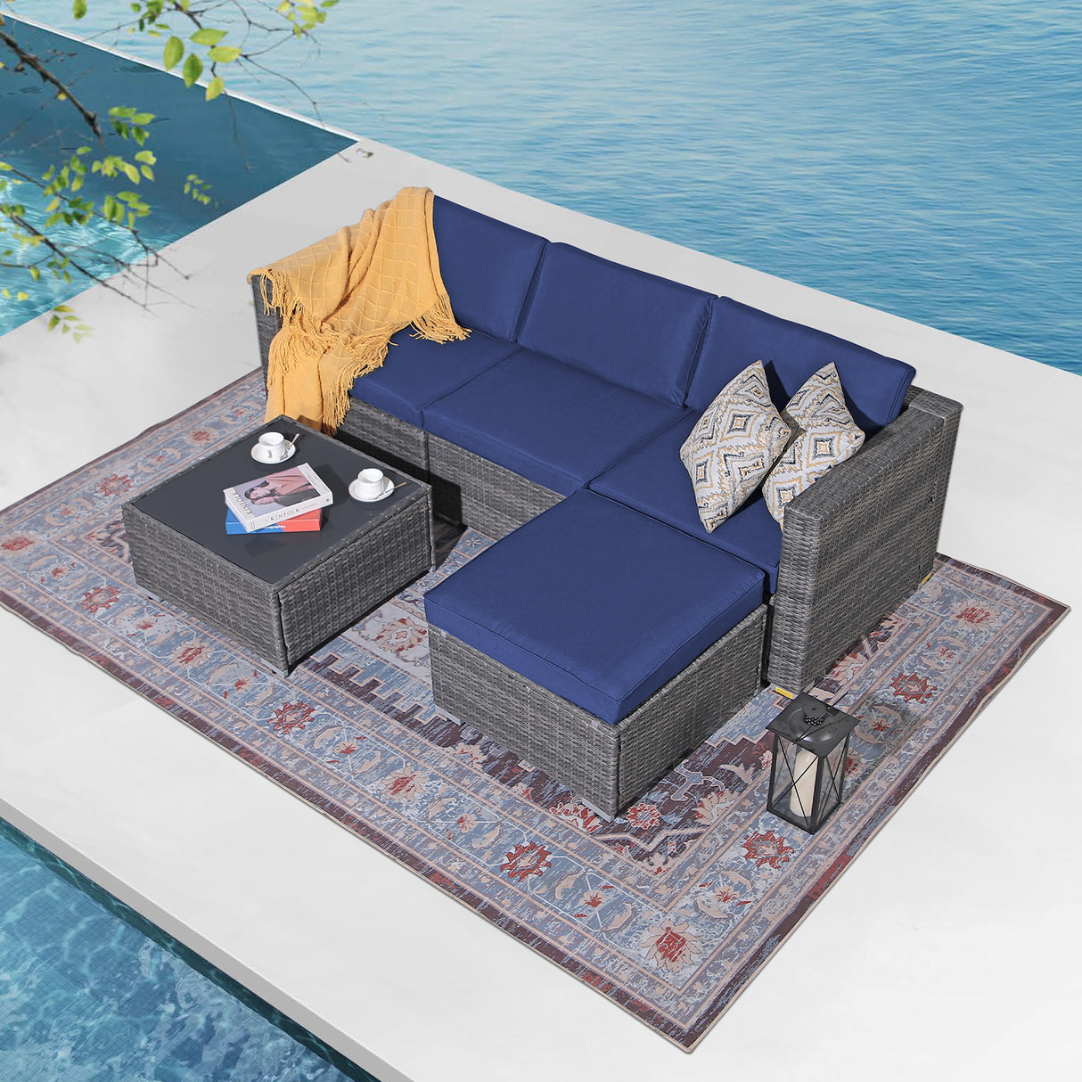 JOIVI 5 Pieces Outdoor Patio Furniture Set, All Weather PE Wicker Rattan Sectional Furniture Set with Cushions and Coffee Table
