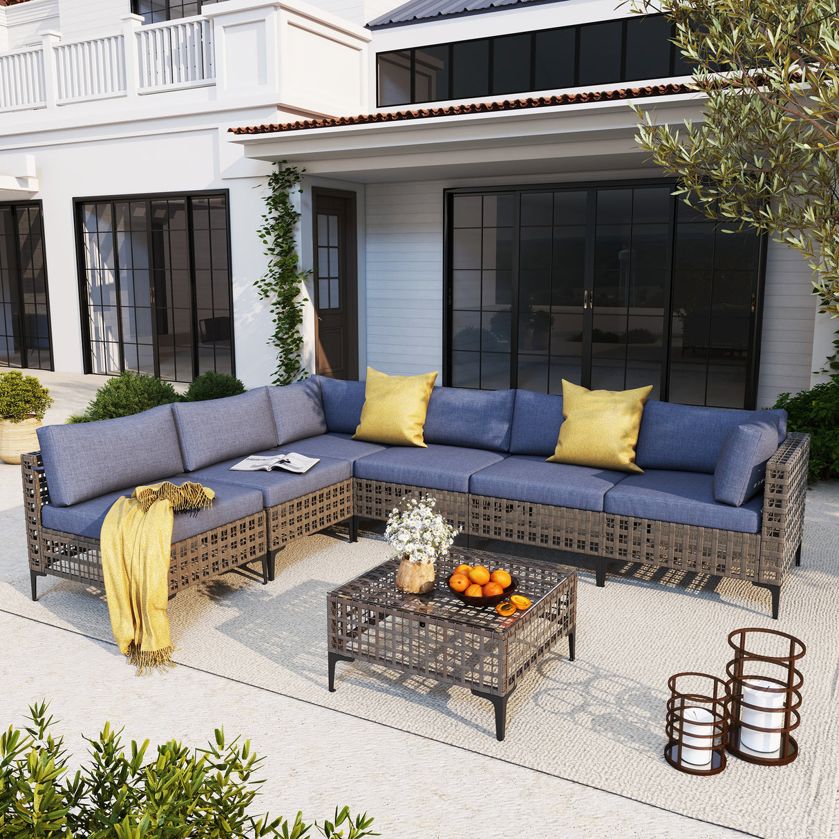 JOIVI 7 Pieces Patio Furniture Set, Outdoor Sectional Sofa Set with Cushion and Coffee Table, 7-Piece PE Rattan Conversation Set for Deck, Porch, Backyard