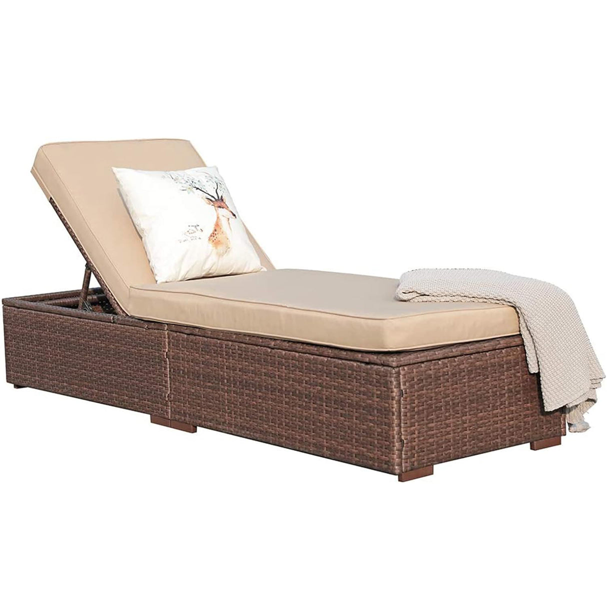 JOIVI Patio Outdoor Chaise, PE Brown Wicker Rattan Adjustable Lounge Chair, Beige