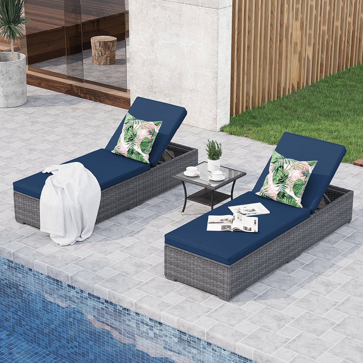 JOIVI Outdoor Chaise Lounge Chair, 3 Piece Patio Reclining Sun Lounger with Coffee Table, All Weather PE Rattan Adjustable Lounge Chair, Patio Pool Lounge Chairs with Removable Cushion