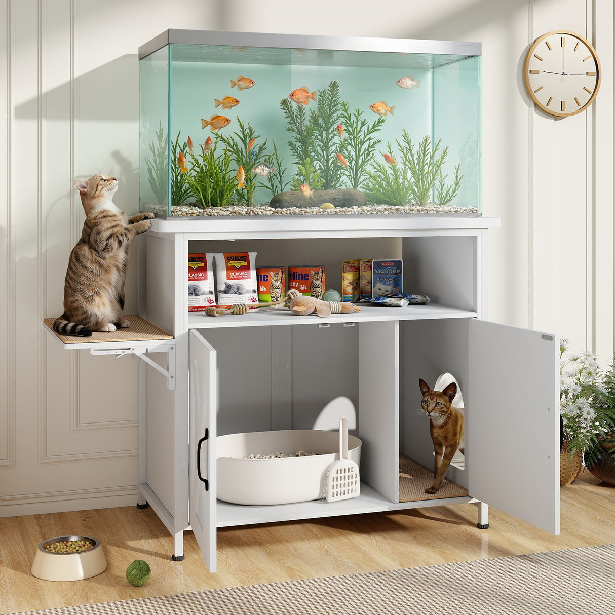 JOIVI 40-50 Gallon Fish Tank Stand with Hidden Cat Litter Box Cabinet and Cat Perch, Cat Viewing Aquarium Stand with Storage Shelf, 36.2"x20.5" Tabletop, 660 LBS Capacity