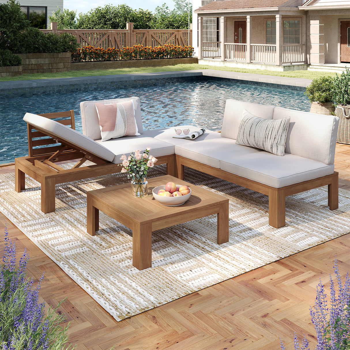 JOIVI 4 Piece Outdoor Acacia Furniture Set, Patio Furniture Sectional Sofa Set with Adjustable Armrest and 2-in-1 Coffee Table for Backyard, Garden, Balcony