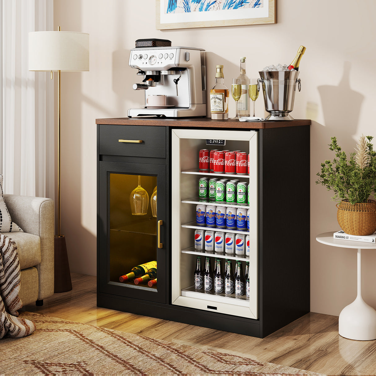 JOIVI Coffee Bar with Mini Fridge Space, Bar Cabinet with Fridge Space & Wine Storage with Outlets, Modern Wine Cabinet with LED Lights & Wine Rack for Kitchen, Living Room and Office