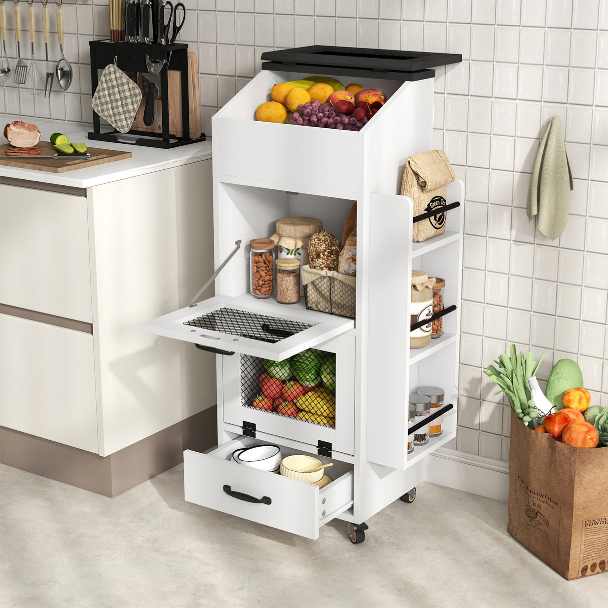 JOIVI 16.0" Potato and Onion Storage Bin on Wheels, 4-Tier Rolling Fruit and Vegetable Organizer with Side Rack & Drawers, Movable Bread Box Cabinet with Mesh Doors for Kitchen