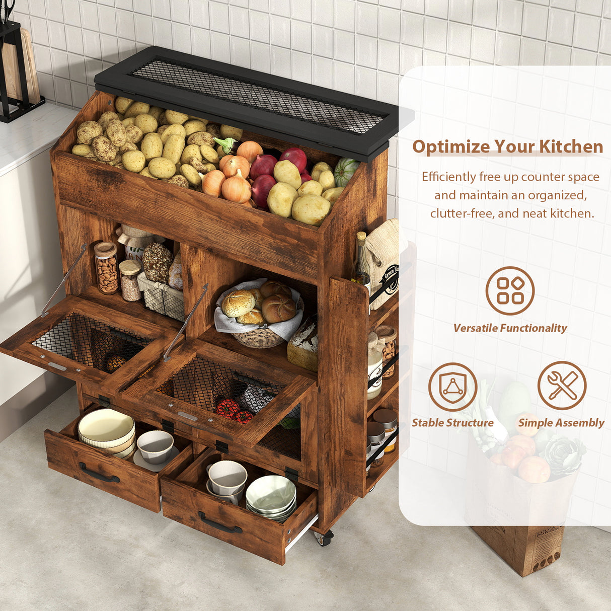 JOIVI 35.1" Potato and Onion Storage Bin on Wheels, 4-Tier Rolling Fruit and Vegetable Organizer with Side Rack & 2 Drawers, Movable Bread Box Cabinet with Mesh Doors for Kitchen
