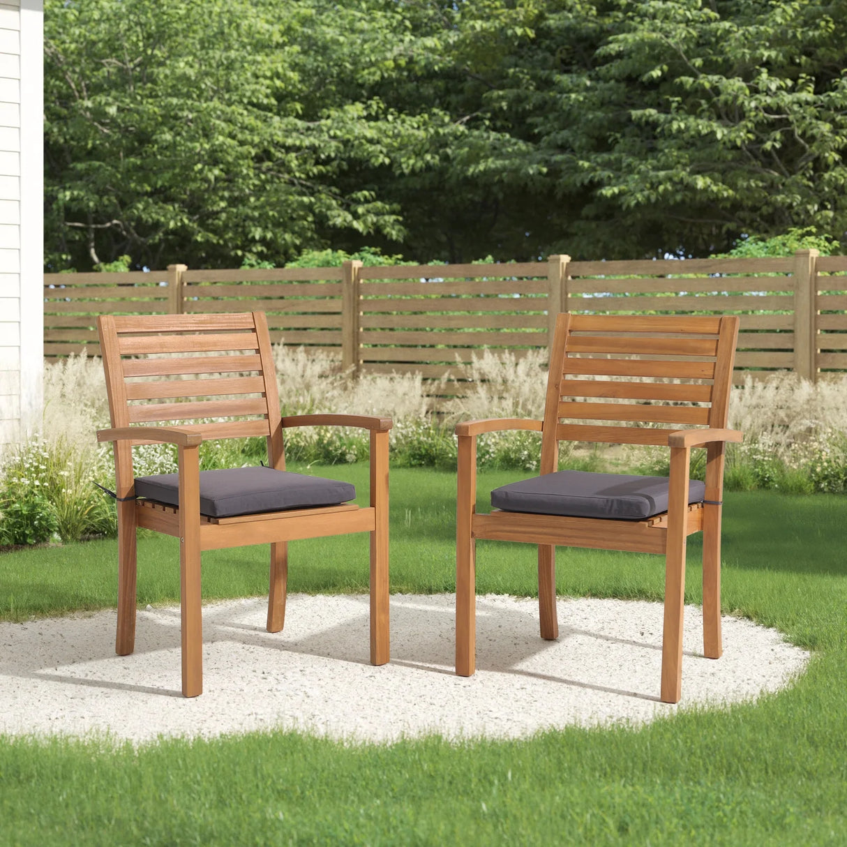 JOIVI Stackable Outdoor Dining Chairs, Patio Acacia Wooden Chairs with Cushions, Heavy Duty FSC Certified Wood, Set of 2