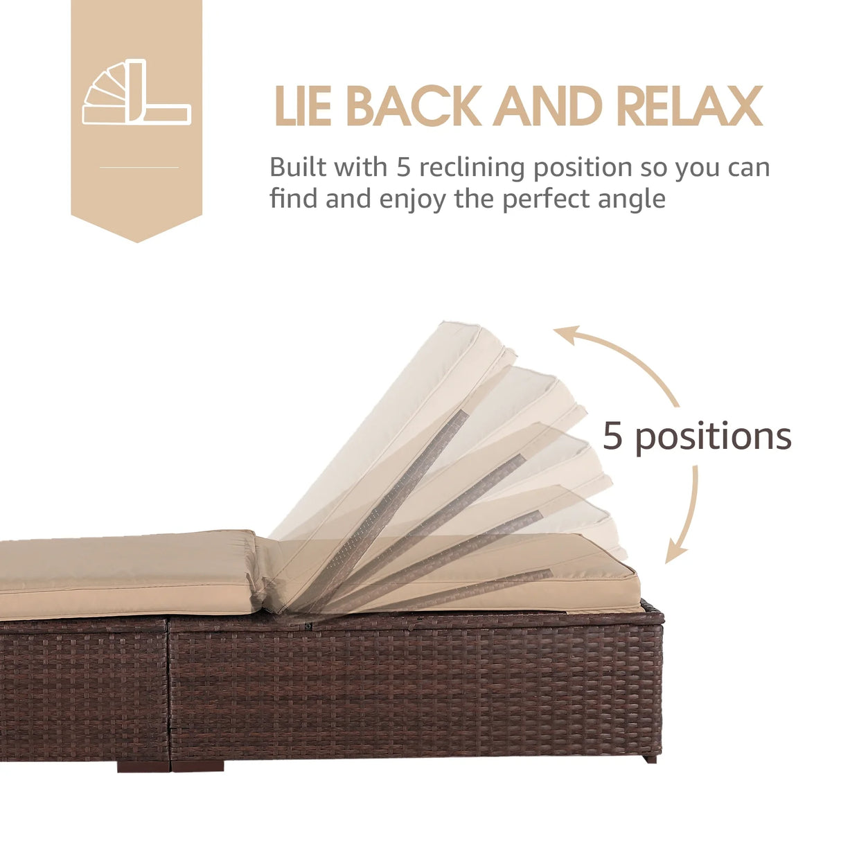 JOIVI Outdoor Chaise Lounge Chairs, Brown Wicker Rattan Adjustable Position Sun Lounger with Removable Beige Cushions- Set of 2