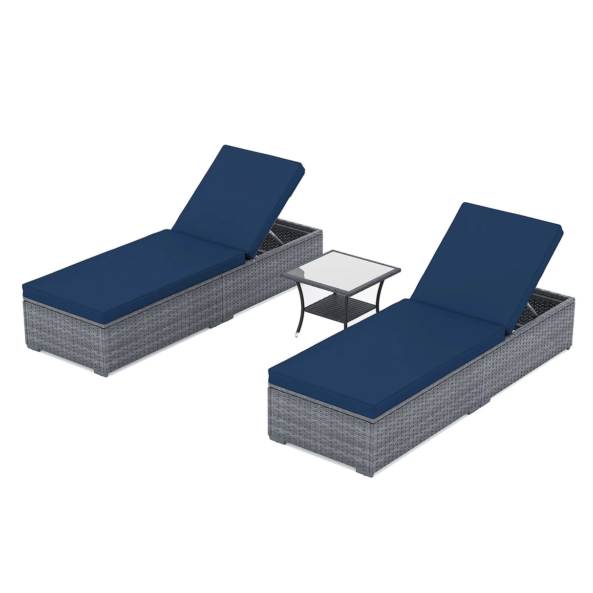 JOIVI Outdoor Chaise Lounge Chair, 3 Piece Patio Reclining Sun Lounger with Coffee Table, All Weather PE Rattan Adjustable Lounge Chair, Patio Pool Lounge Chairs with Removable Cushion