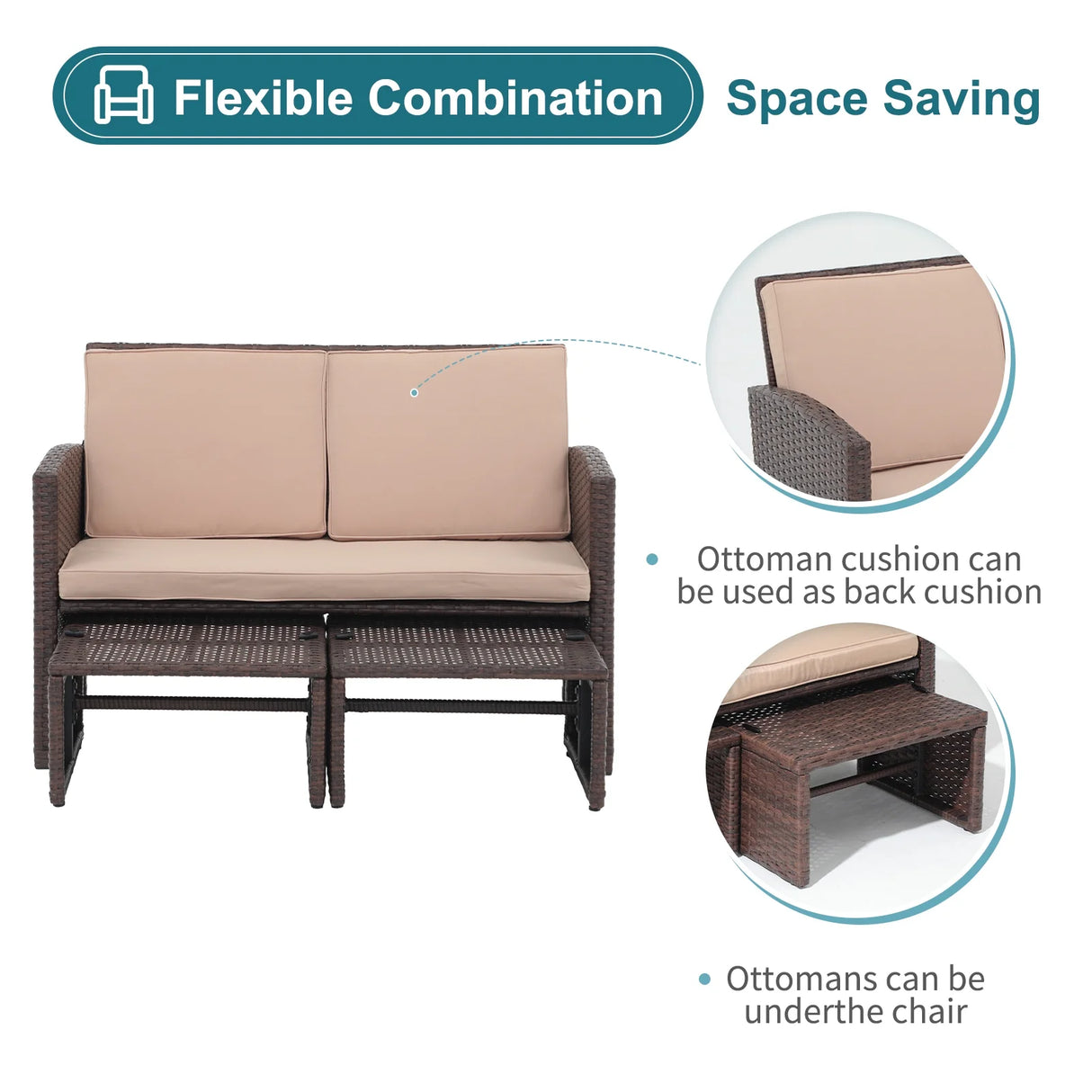 3 Piece Patio Furniture Set, Outdoor Loveseat Patio Furniture Rattan Set with Ottoman, Brown Rattan and Cushion