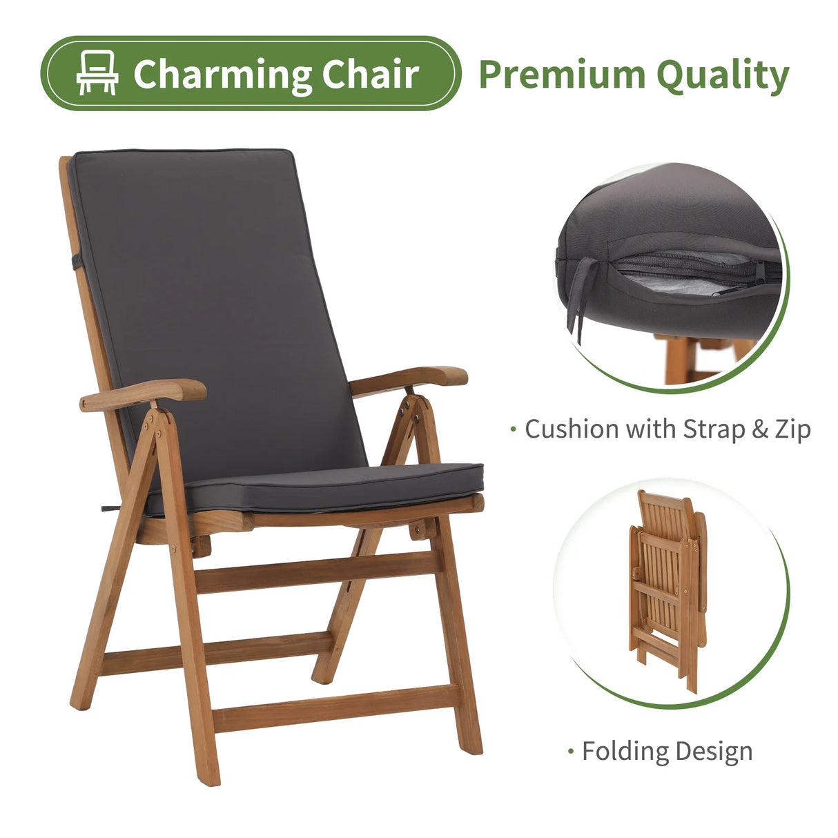 Folding Patio Dining Chair Set of 2, Outdoor Acacia Wooden Reclining Chair w/Armrest & Removeable Cushion, FSC Certified Wood, for Porch, Backyard, Garden, Indoor, No Assembly
