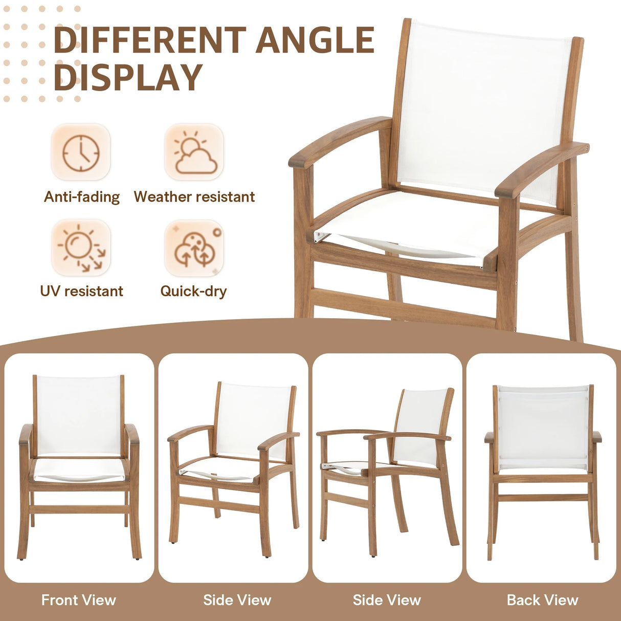 Outdoor Dining Chair with Textilene Fabric, Outdoor Acacia Wooden Chair, Ergonomic Armrests & Sturdy Wooden Frame, Set of 2