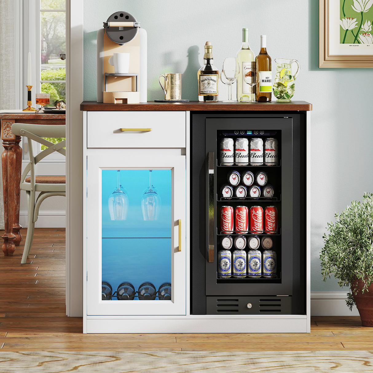 JOIVI Coffee Bar with Mini Fridge Space, Bar Cabinet with Fridge Space & Wine Storage with Outlets, Modern Wine Cabinet with LED Lights & Wine Rack for Kitchen, Living Room and Office