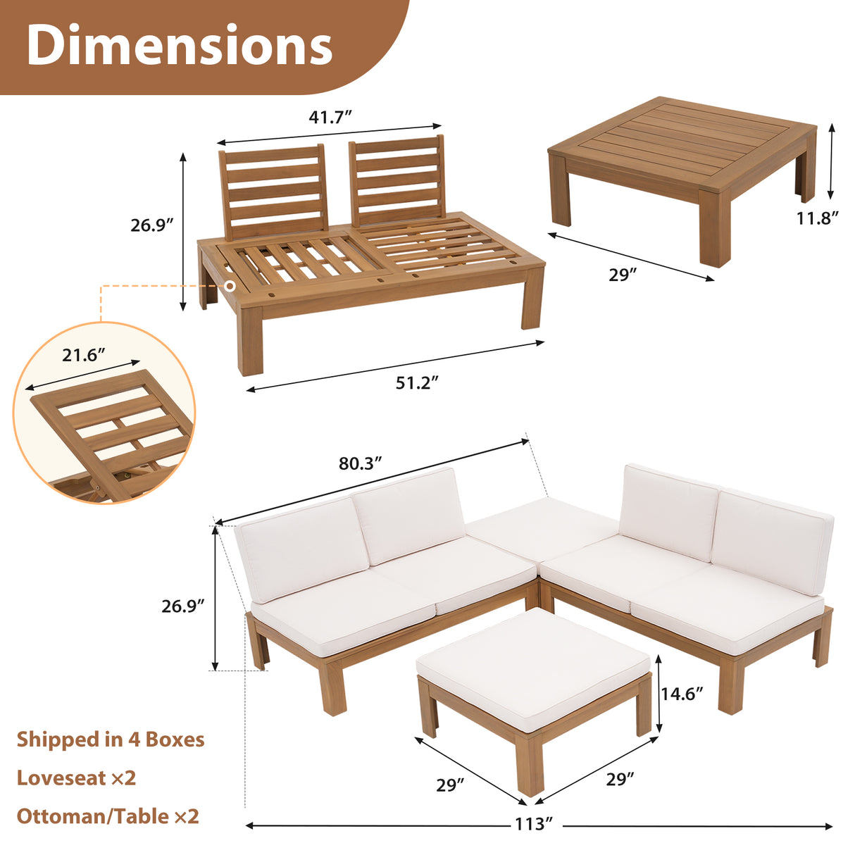 JOIVI 4 Piece Outdoor Acacia Furniture Set, Patio Furniture Sectional Sofa Set with Adjustable Armrest and 2-in-1 Coffee Table for Backyard, Garden, Balcony