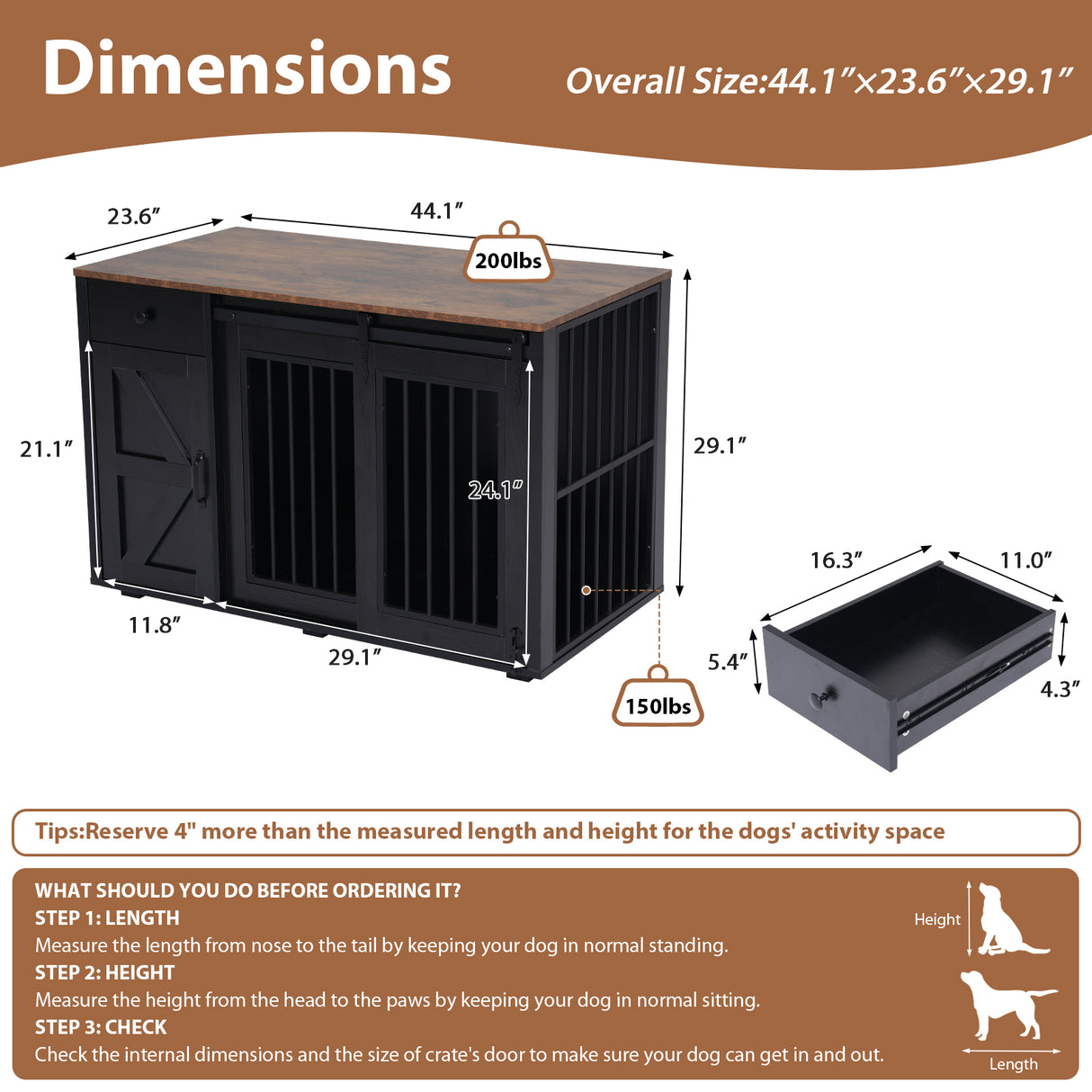 JOIVI 44" Dog Crate Furniture, Wooden Dog Kennel with Sliding Barn Door, Drawer and Storage Cabinet