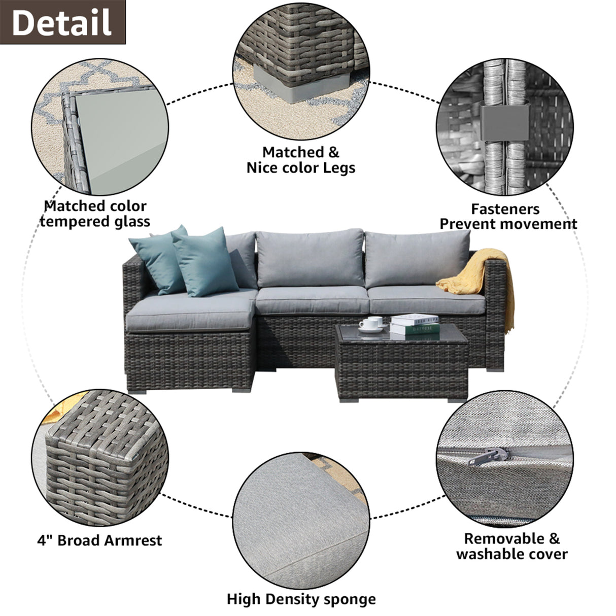 JOIVI 5 Pieces Outdoor Patio Furniture Set, All Weather PE Wicker Rattan Sectional Furniture Set with Cushions and Coffee Table