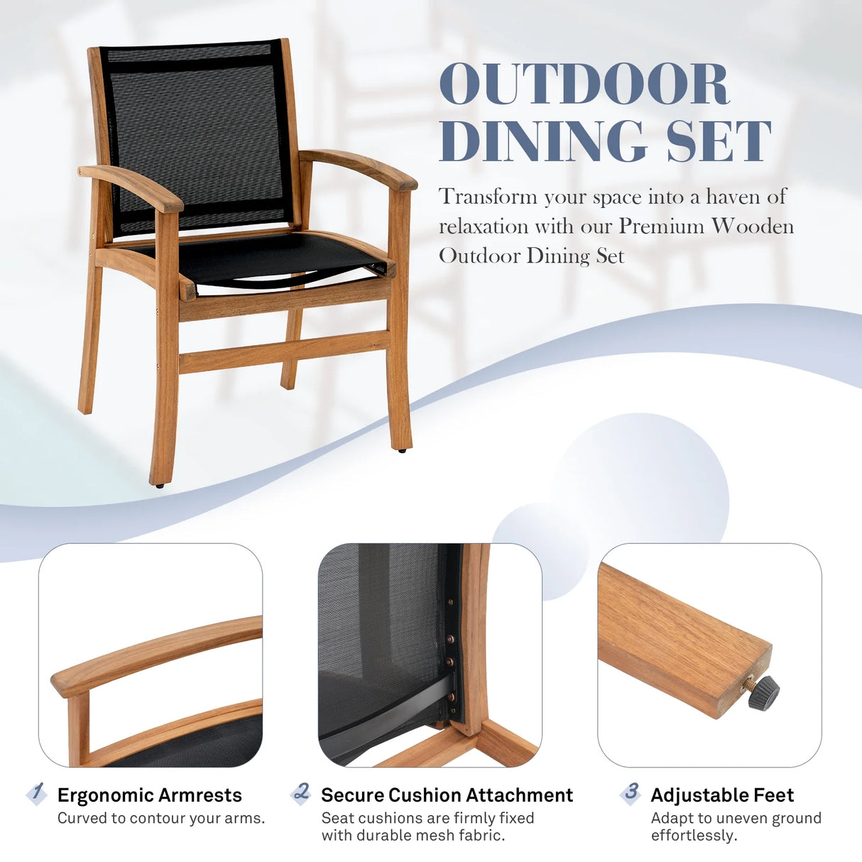 JOIVI Expandable Wooden Outdoor Dining Set of 5, with Textilene Fabric Chairs, 4-8 Seater Patio Furniture, Adjustable Feet, Wood Table with Umbrella Hole