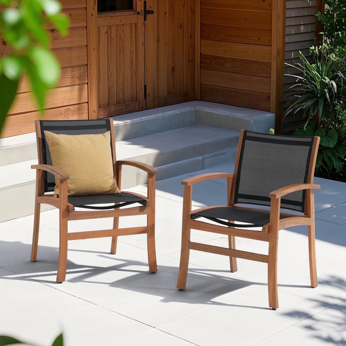 Outdoor Dining Chair with Textilene Fabric, Outdoor Acacia Wooden Chair, Ergonomic Armrests & Sturdy Wooden Frame, Set of 2