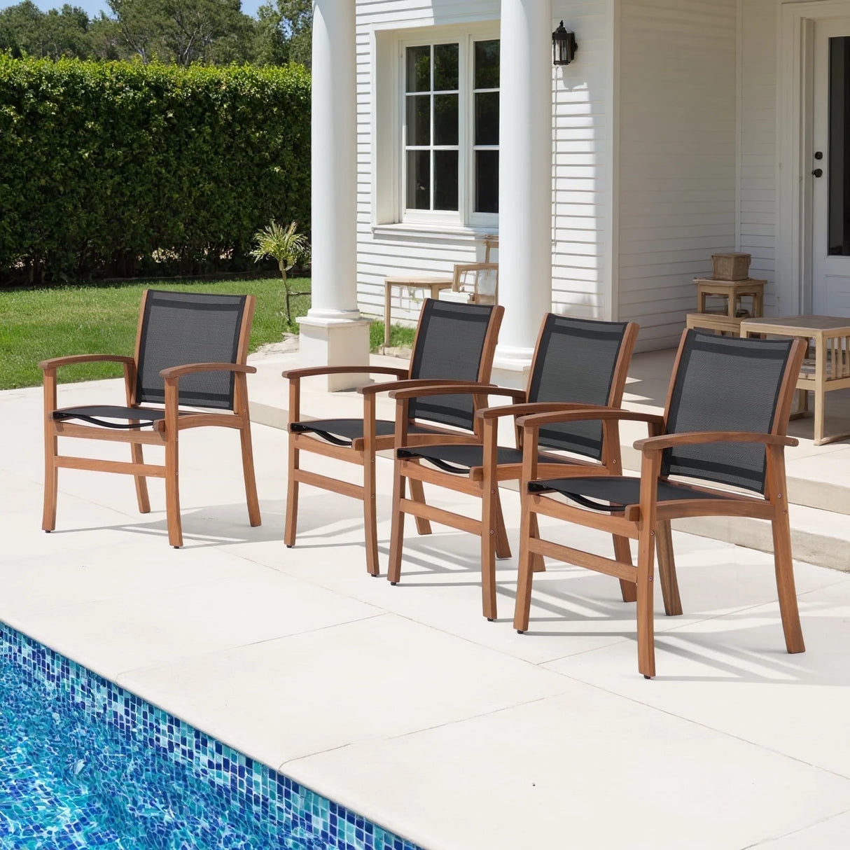 Outdoor Dining Chair with Textilene Fabric, Outdoor Acacia Wooden Chair, Ergonomic Armrests & Sturdy Wooden Frame, Set of 4