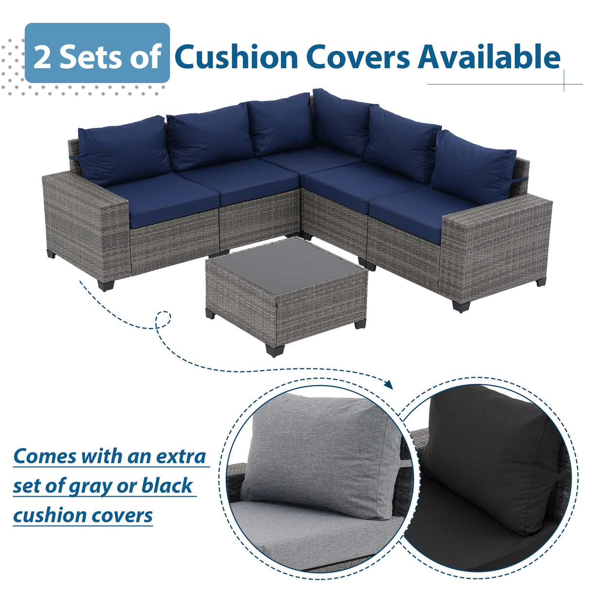 JOIVI 6-Piece Patio Furniture Set, Rattan Outdoor Conversation Set with Coffee Table, Wicker Sectional Sofa Set with Wide Armrest