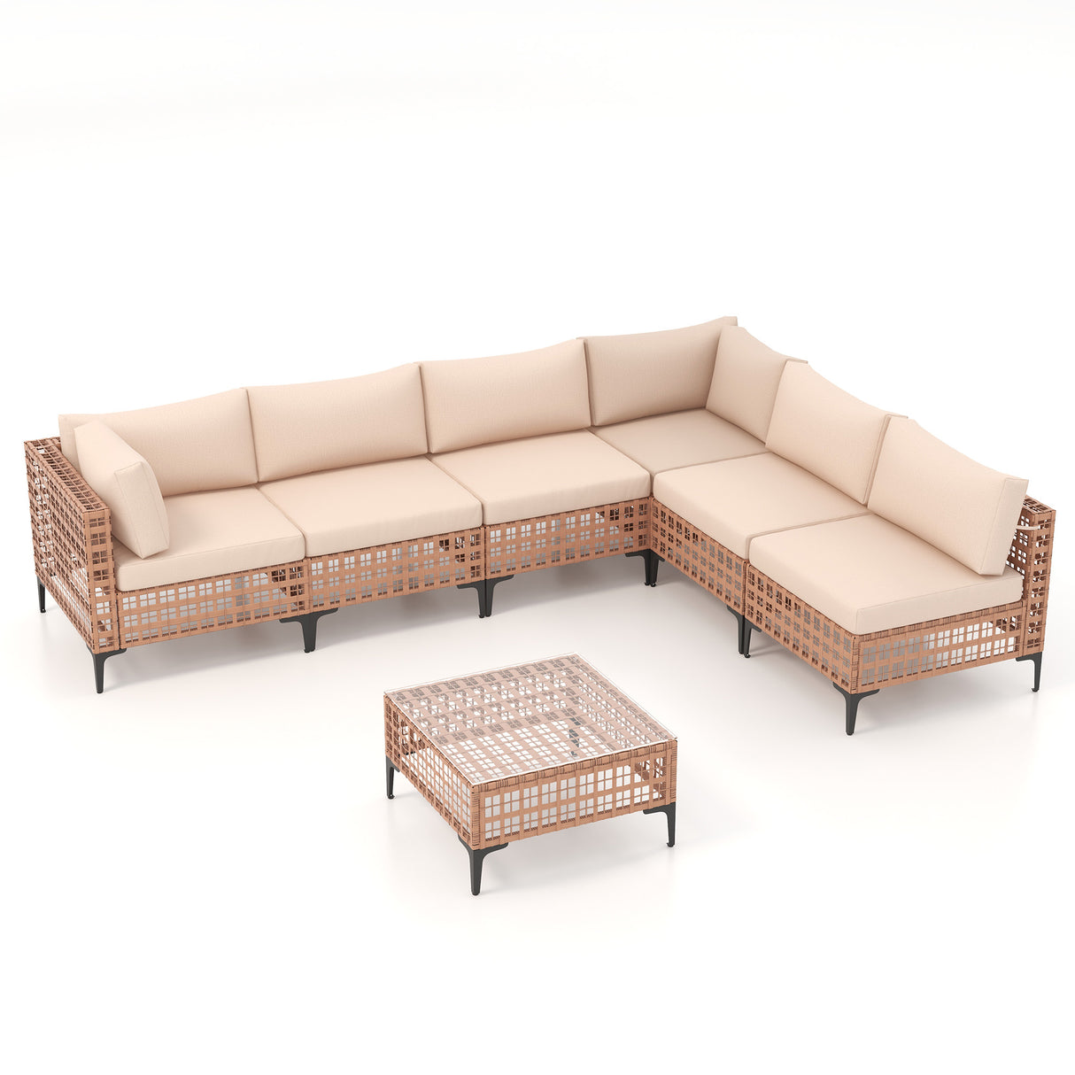 JOIVI 7 Pieces Patio Furniture Set, Outdoor Sectional Sofa Set with Cushion and Coffee Table, 7-Piece PE Rattan Conversation Set for Deck, Porch, Backyard