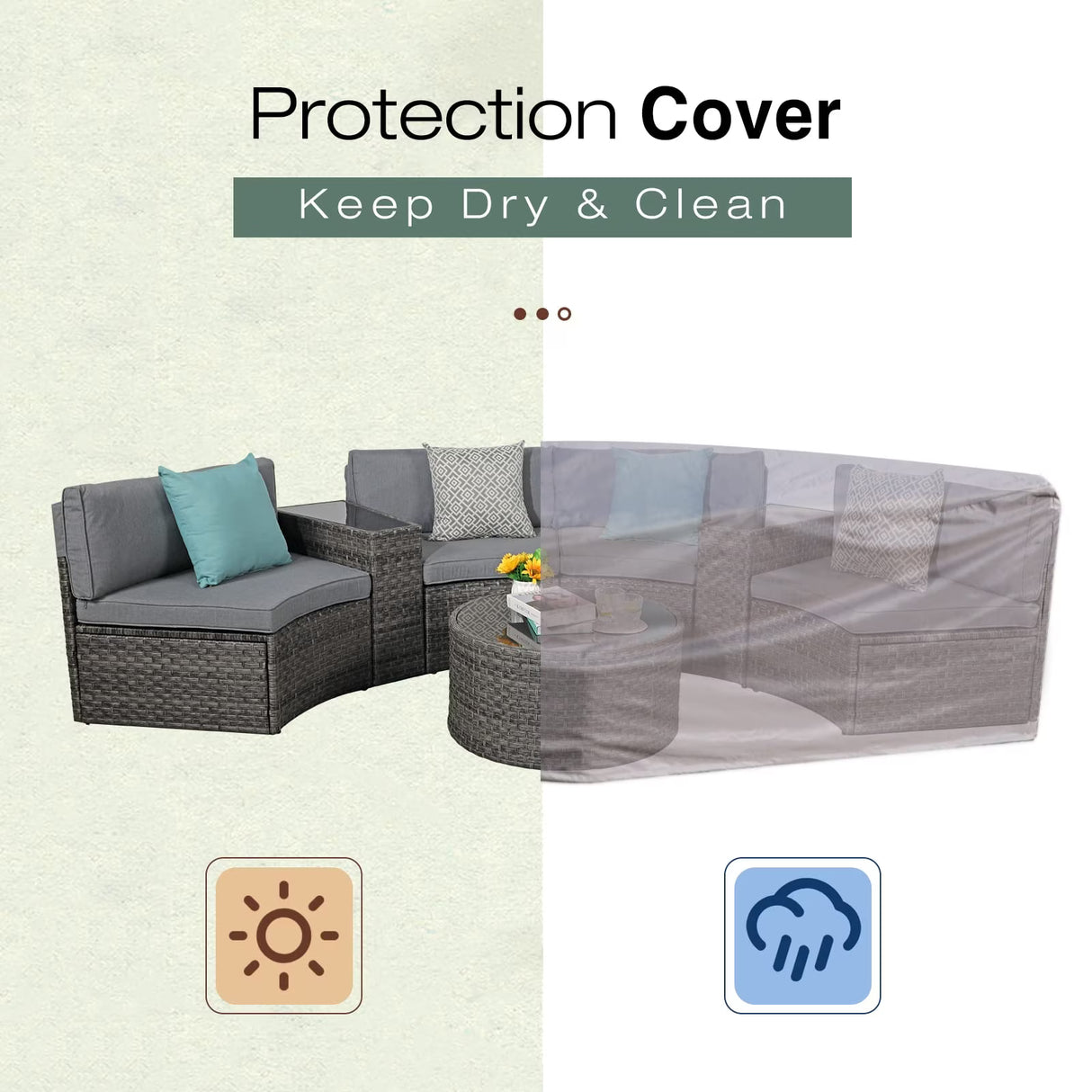 JOIVI 7-Piece Outdoor Patio Furniture Set, Sectional Half-Moon Sofa, Coffee Table, 4 Pillows, Cushion, with Waterproof Cover, for Garden, Backyard, Porch, Sunroom or Pool