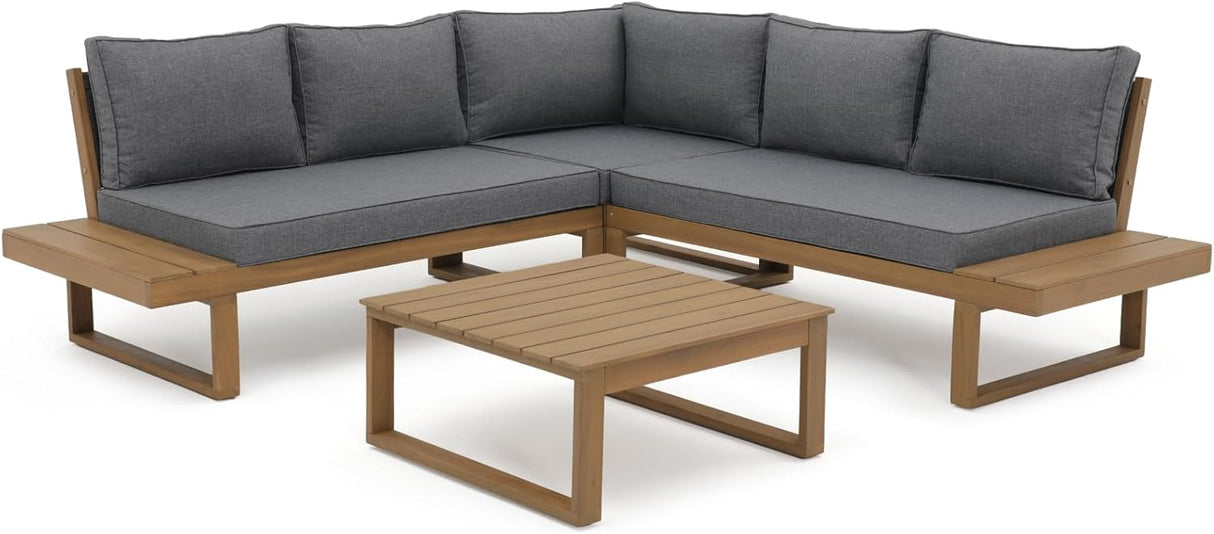 4 Piece Acacia Wood Patio Furniture L-Shaped Outdoor Sectional Sofa Set with Coffee Table, FSC Certified Conversation Set with Built-in Side Table