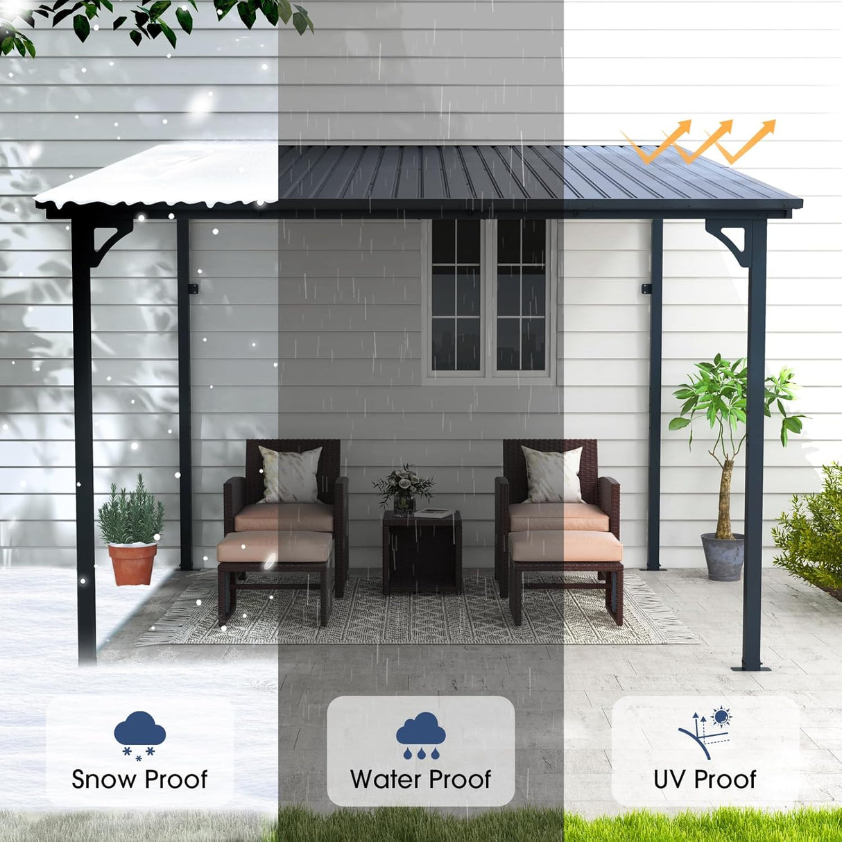 OC Orange-Casual Patio All-Iron Gazebo,Hard Top Lean to Gazebo Pergola with Roof,Wall Mounted Heavy Duty Awnings