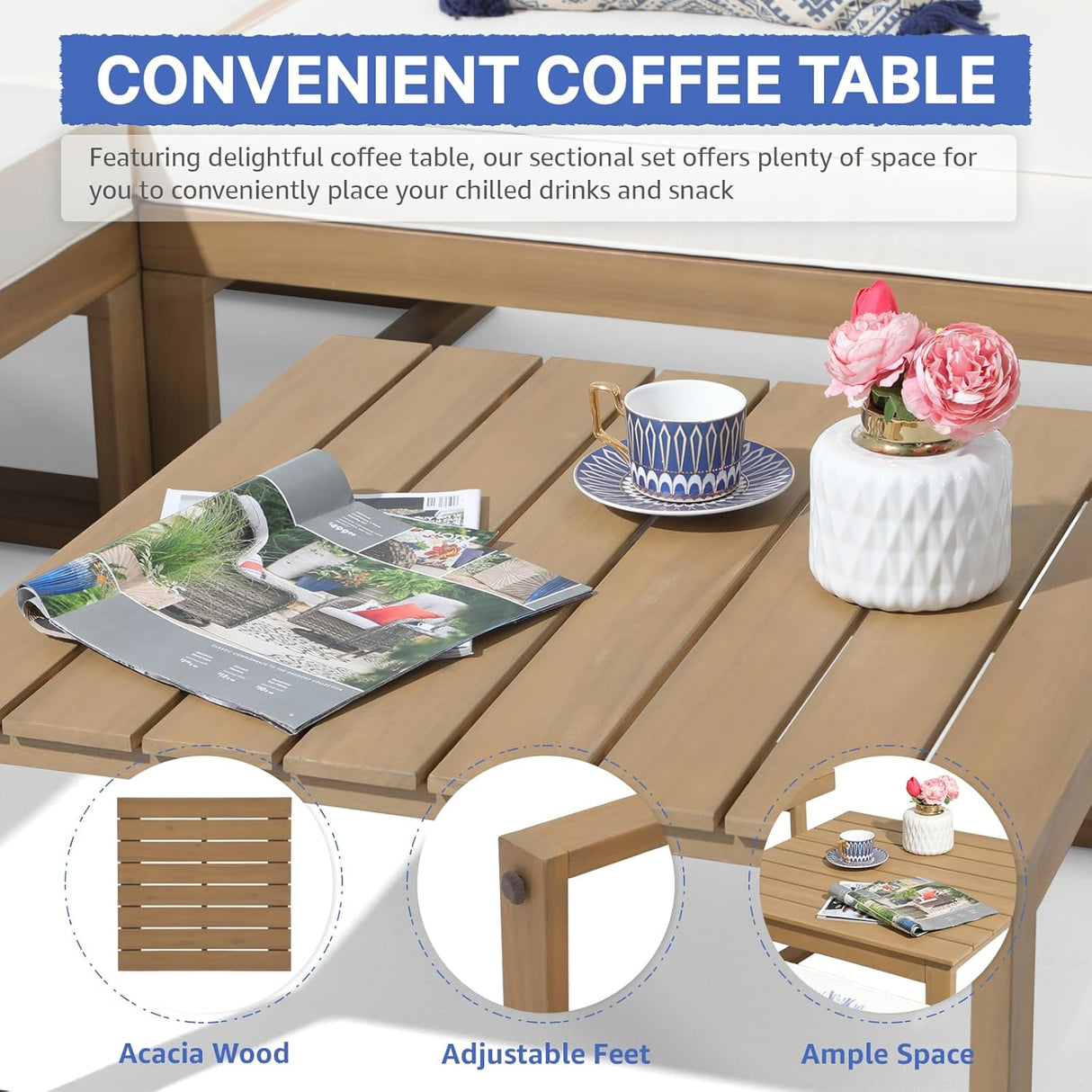 4 Piece Acacia Wood Patio Furniture L-Shaped Outdoor Sectional Sofa Set with Coffee Table, FSC Certified Conversation Set with Built-in Side Table