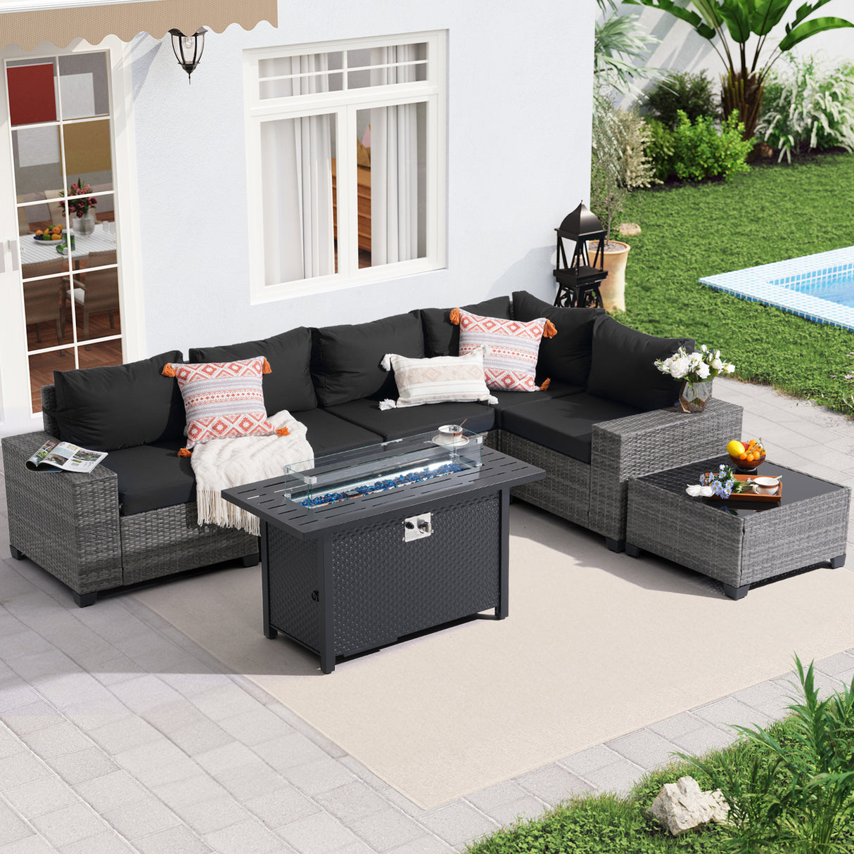 JOIVI 7 Pieces Patio Furniture Set with 45” Fire Pit Table, Wicker Outdoor Conversation Set with Cushions, Rattan Sectional Sofa and Table Set with 50,000 BTU Gas Fire Pit