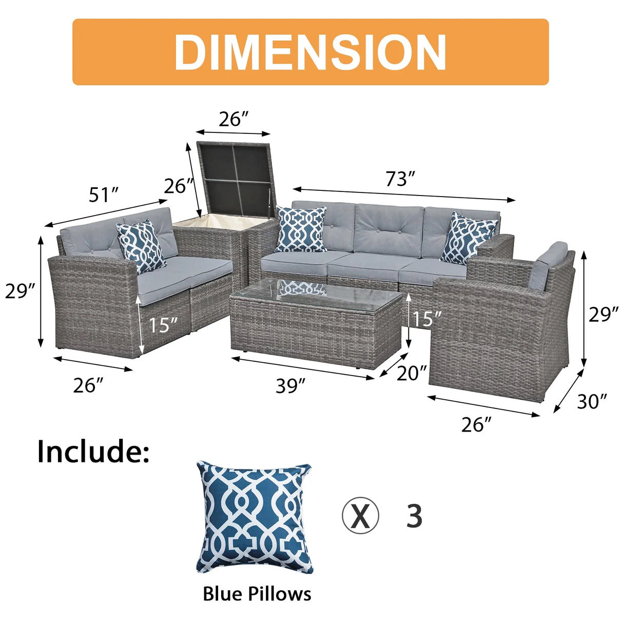 JOIVI 8 Pieces Patio Furniture Conversation Set, Outdoor Sectional Patio Sofa Set with Storage Box, Coffee Table, 3 Pillows, for Garden, Porch