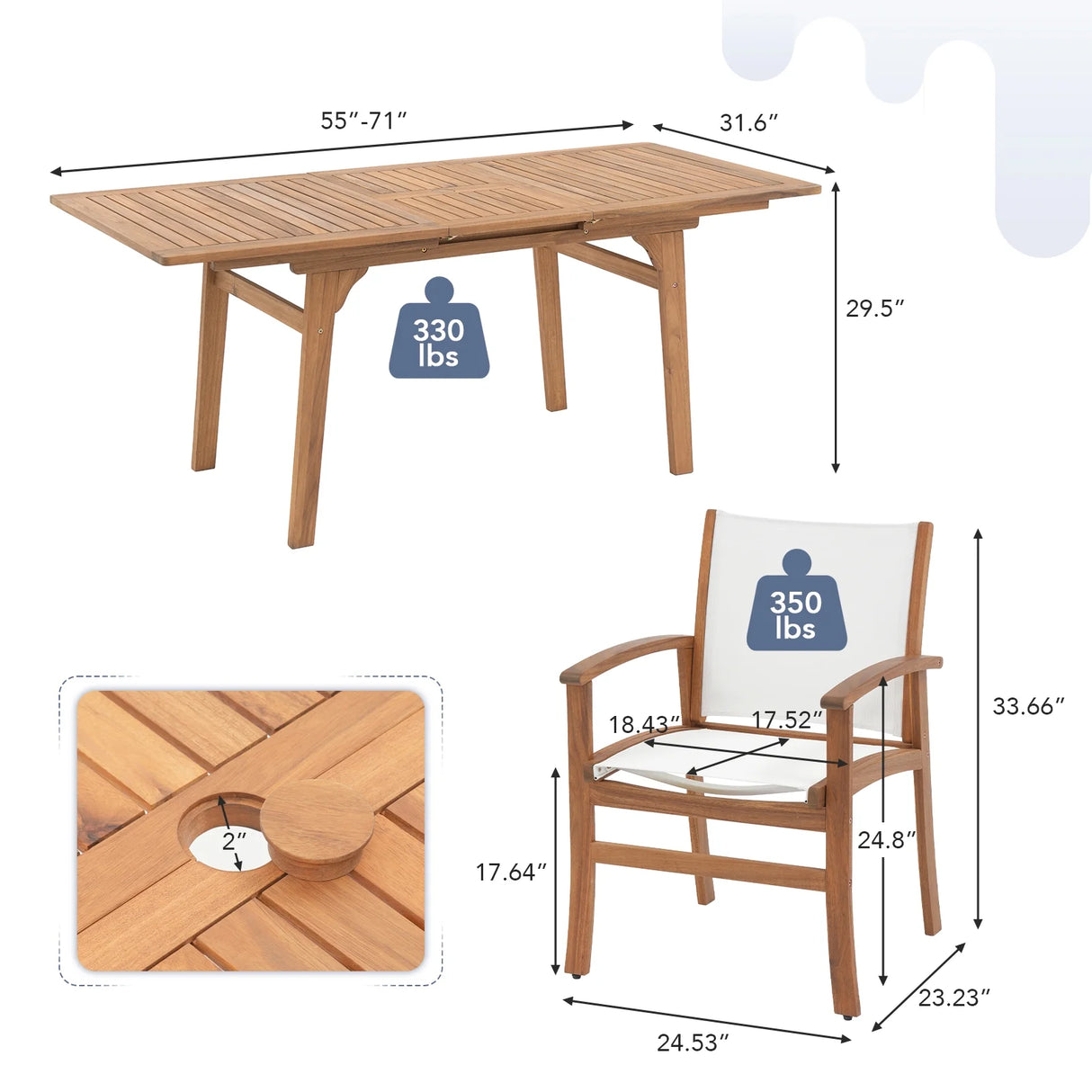 JOIVI Expandable Wooden Outdoor Dining Set of 5, with Textilene Fabric Chairs, 4-8 Seater Patio Furniture, Adjustable Feet, Wood Table with Umbrella Hole