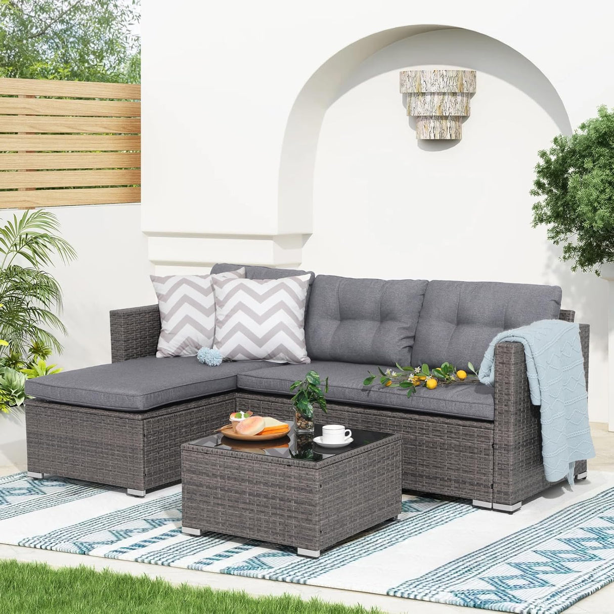 OC Orange-Casual 3-Piece Patio Furniture Set, All-Weather Outdoor Sectional Sofa Set, Wicker Loveseat Lounge Couch with Glass Coffee Table