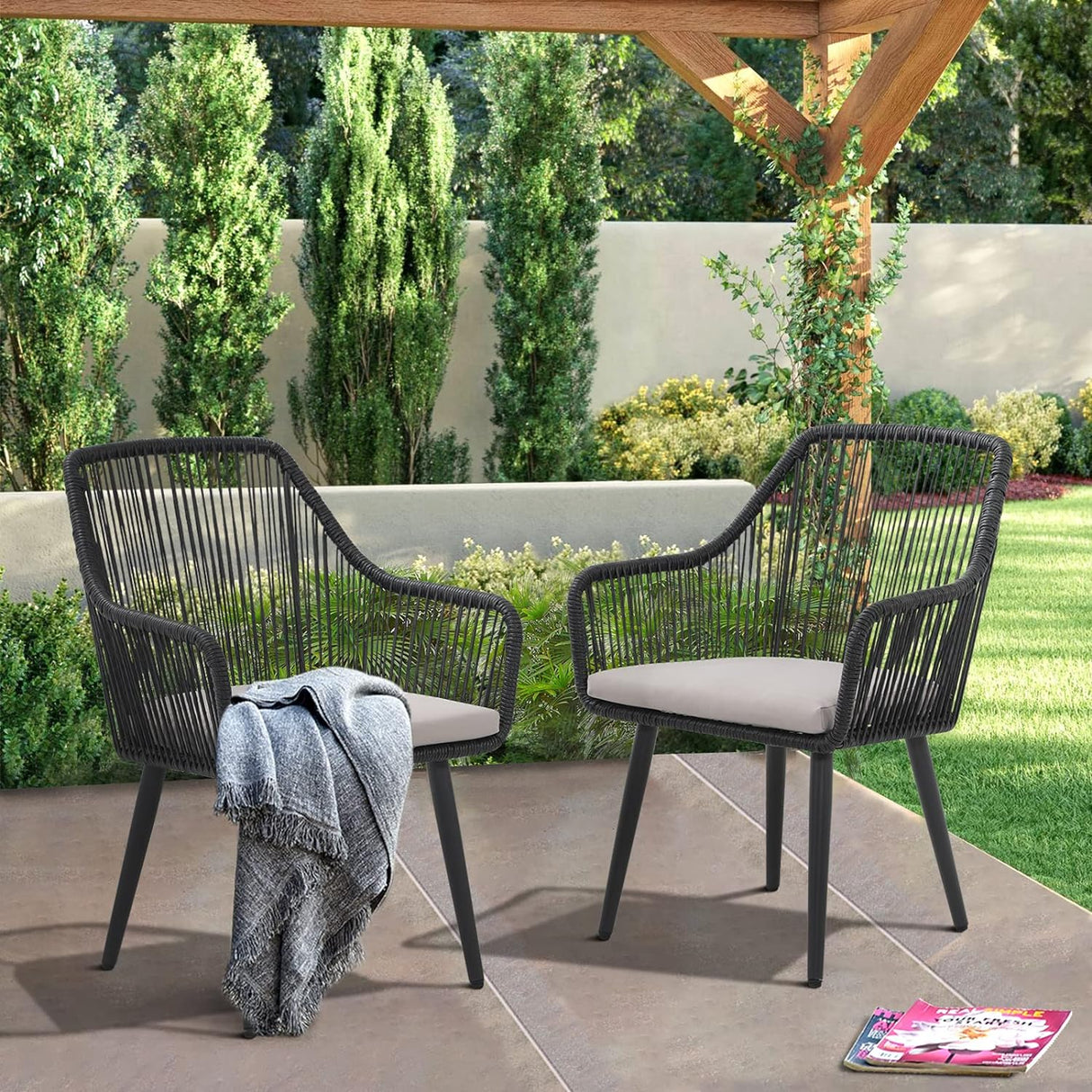 JOIVI Patio Wicker Chairs, 2 Pieces Outdoor Dining Chairs, All Weather Rattan Armchairs with Cushions