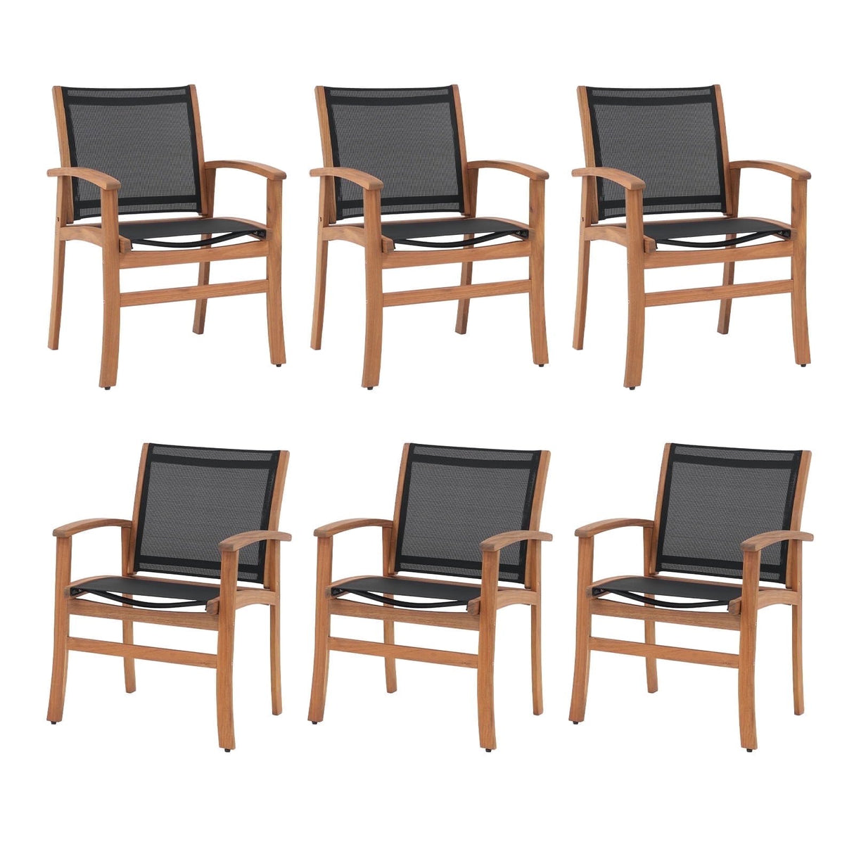 Outdoor Dining Chair with Textilene Fabric, Outdoor Acacia Wooden Chair, Ergonomic Armrests & Sturdy Wooden Frame, Set of 6