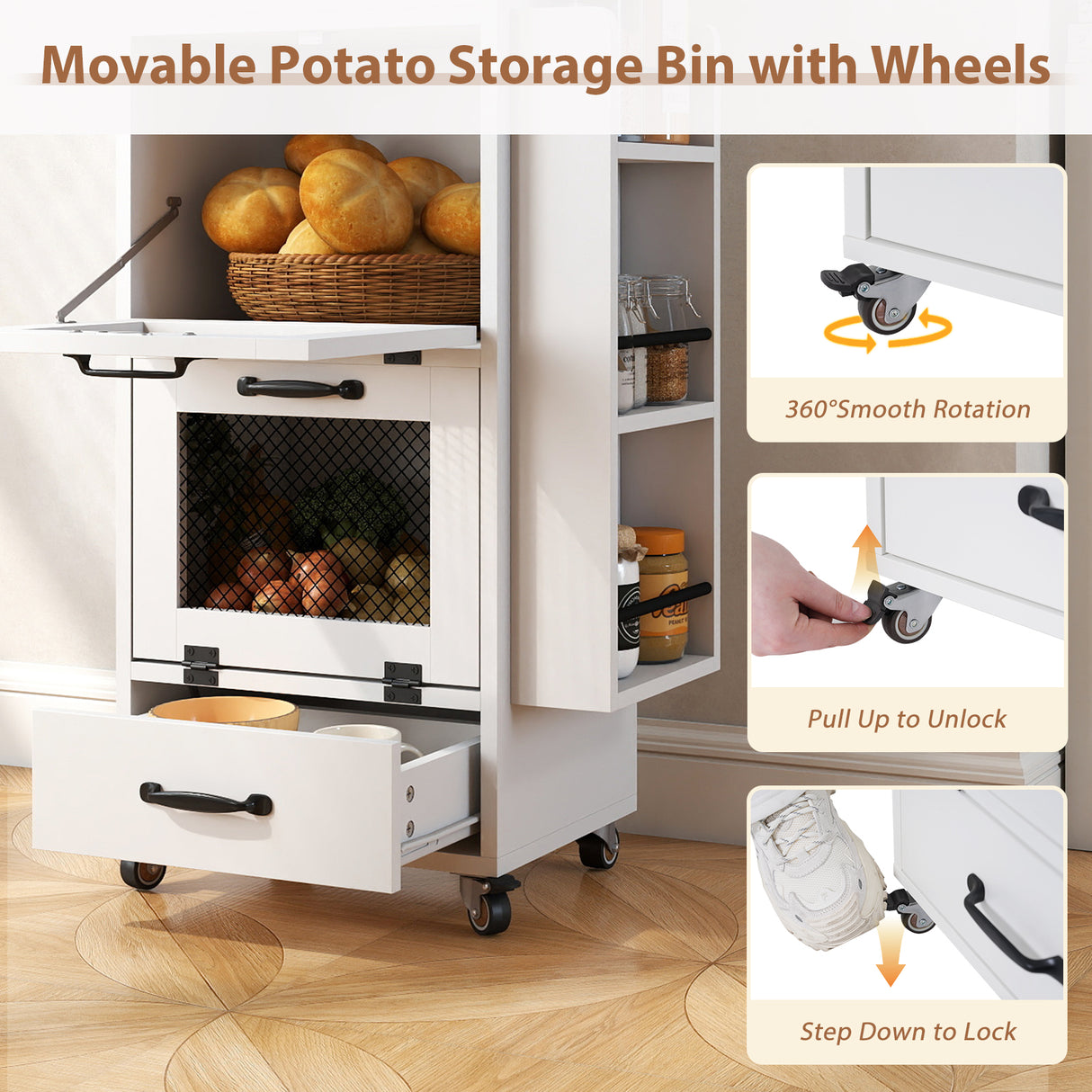 JOIVI 16.0" Potato and Onion Storage Bin on Wheels, 4-Tier Rolling Fruit and Vegetable Organizer with Side Rack & Drawers, Movable Bread Box Cabinet with Mesh Doors for Kitchen
