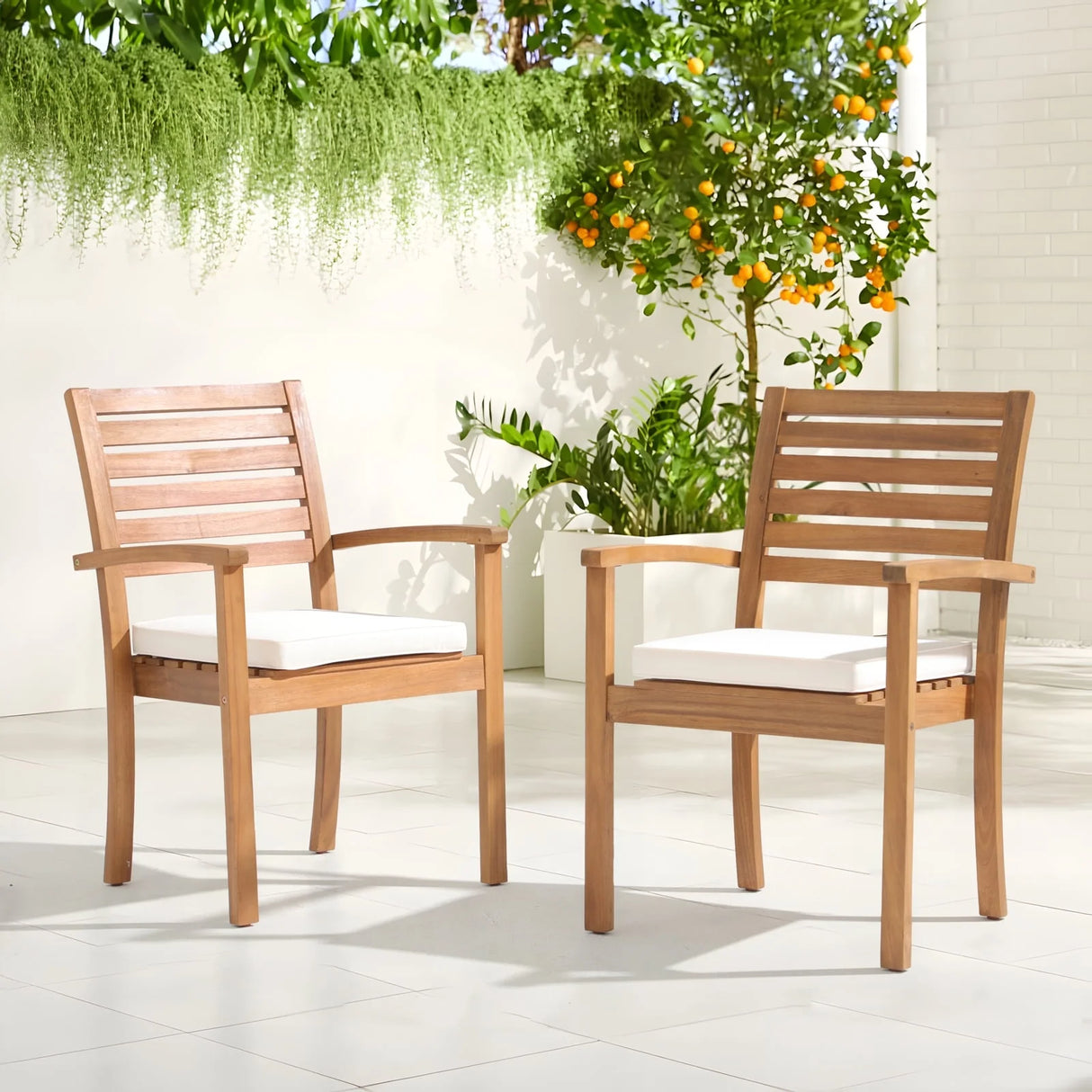 JOIVI Stackable Outdoor Dining Chairs, Patio Acacia Wooden Chairs with Cushions, Heavy Duty FSC Certified Wood, Set of 2