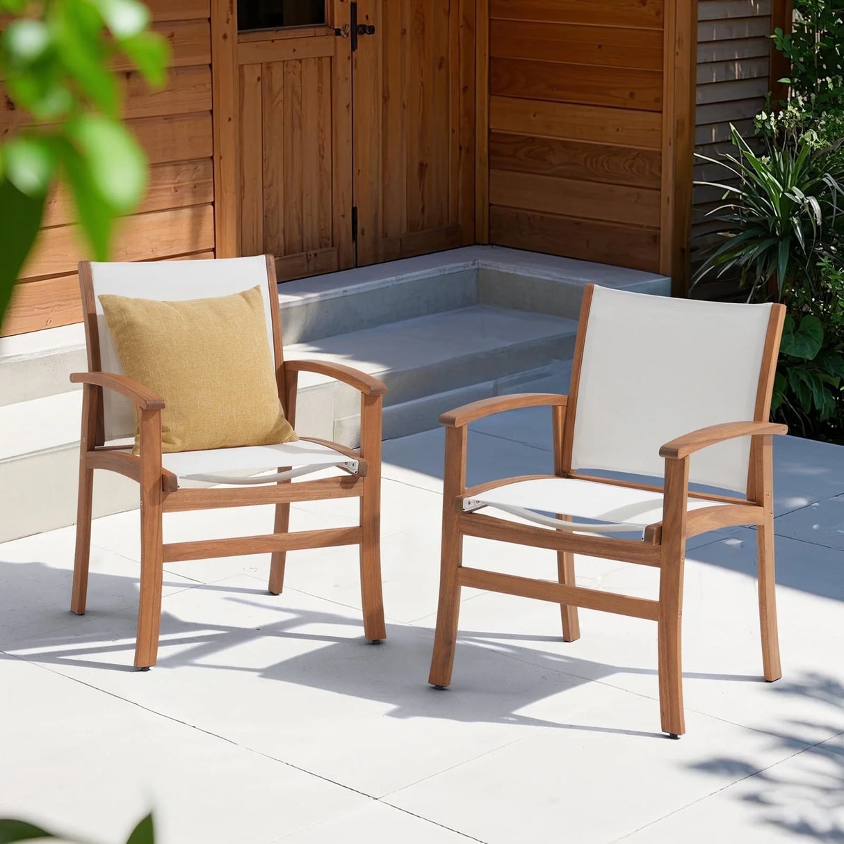 Outdoor Dining Chair with Textilene Fabric, Outdoor Acacia Wooden Chair, Ergonomic Armrests & Sturdy Wooden Frame, Set of 2