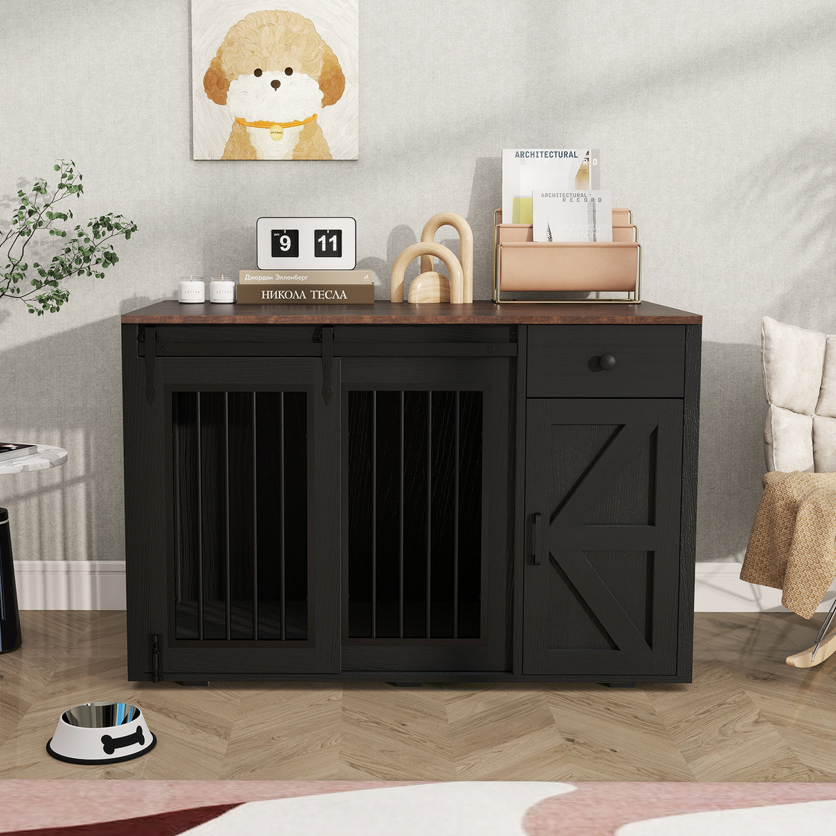 JOIVI 44" Dog Crate Furniture, Wooden Dog Kennel with Sliding Barn Door, Drawer and Storage Cabinet