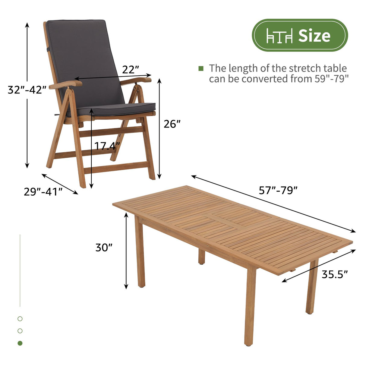 JOIVI 7 Piece Patio Dining Set, Outdoor Acacia Wood Furniture Set, Extendable Rectangular Table and 6 Foldable Reclining chairs for Deck Garden Backyard
