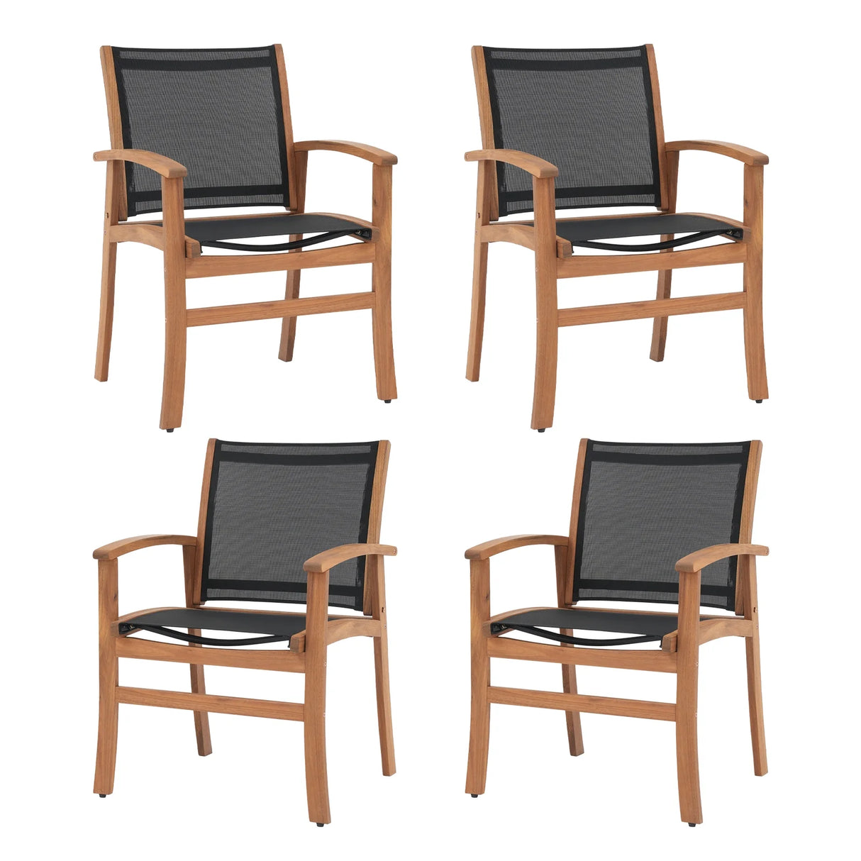Outdoor Dining Chair with Textilene Fabric, Outdoor Acacia Wooden Chair, Ergonomic Armrests & Sturdy Wooden Frame, Set of 4