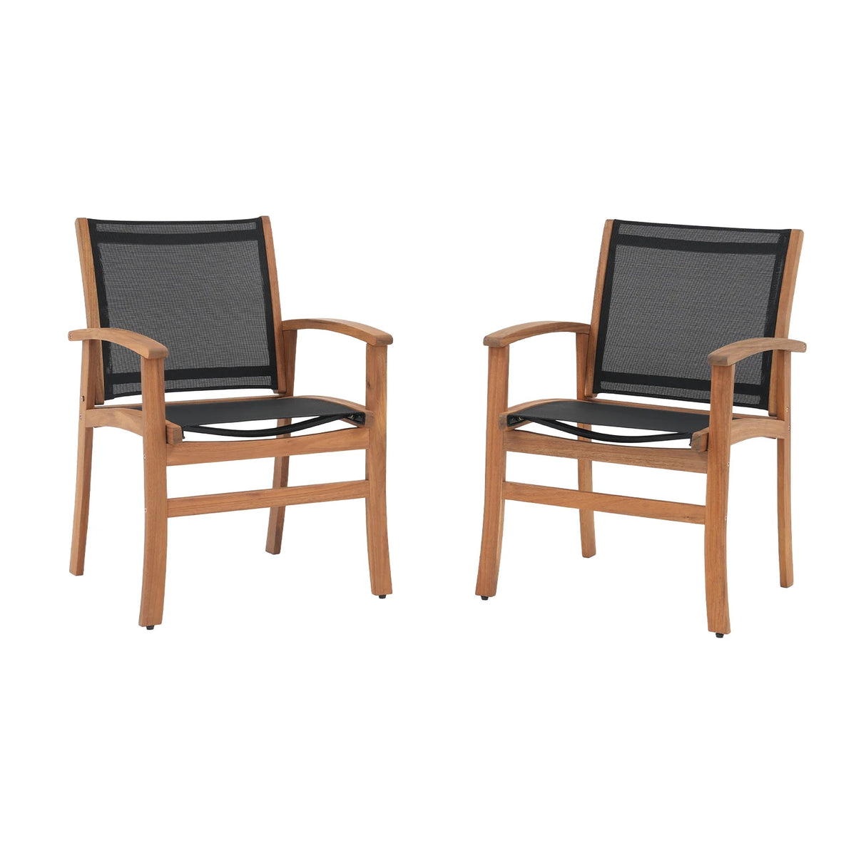 Outdoor Dining Chair with Textilene Fabric, Outdoor Acacia Wooden Chair, Ergonomic Armrests & Sturdy Wooden Frame, Set of 2