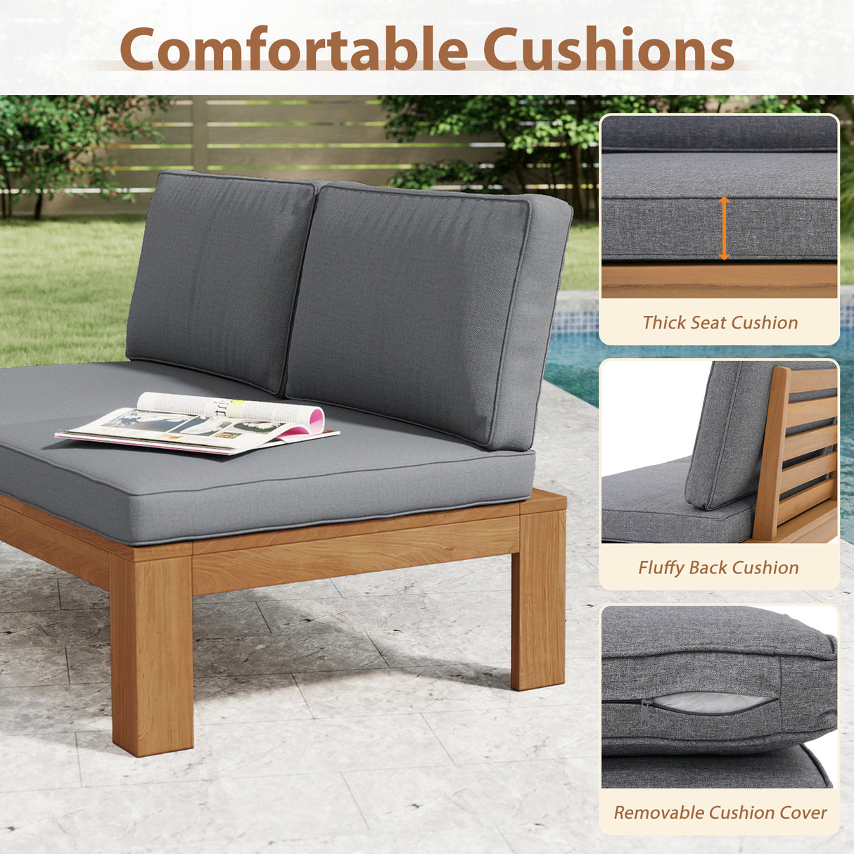 JOIVI 4 Piece Outdoor Acacia Furniture Set, Patio Furniture Sectional Sofa Set with Adjustable Armrest and 2-in-1 Coffee Table for Backyard, Garden, Balcony