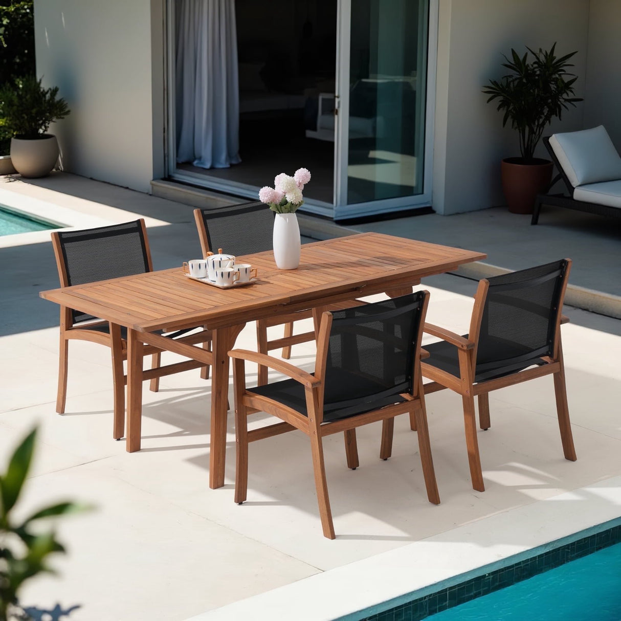 JOIVI Expandable Wooden Outdoor Dining Set of 5, with Textilene Fabric Chairs, 4-8 Seater Patio Furniture, Adjustable Feet, Wood Table with Umbrella Hole