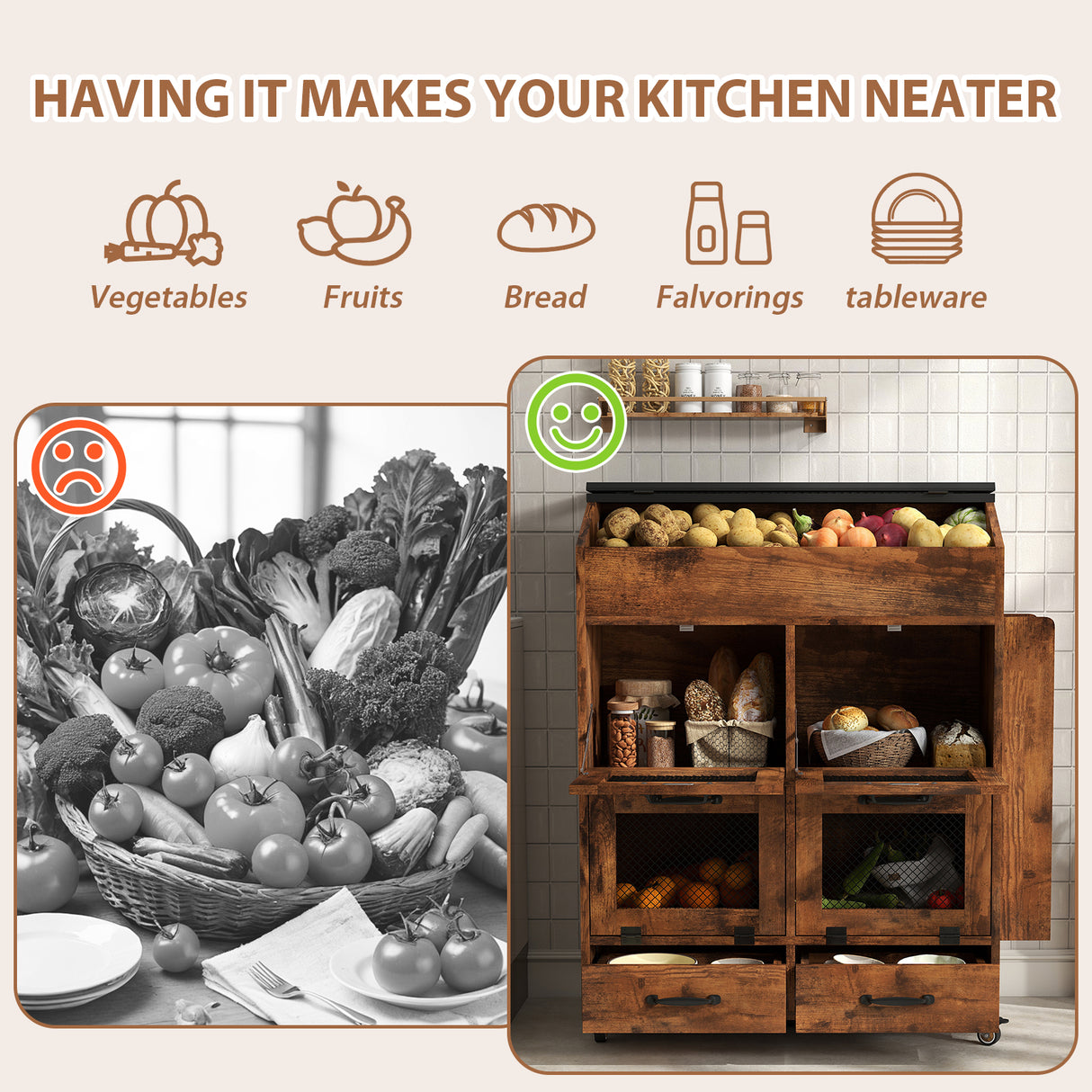 JOIVI 35.1" Potato and Onion Storage Bin on Wheels, 4-Tier Rolling Fruit and Vegetable Organizer with Side Rack & 2 Drawers, Movable Bread Box Cabinet with Mesh Doors for Kitchen