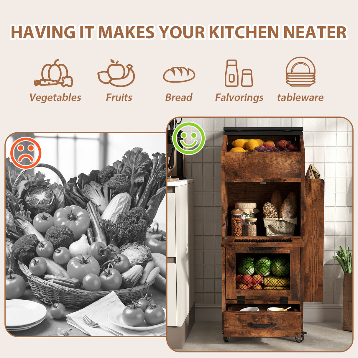 JOIVI 16.0" Potato and Onion Storage Bin on Wheels, 4-Tier Rolling Fruit and Vegetable Organizer with Side Rack & Drawers, Movable Bread Box Cabinet with Mesh Doors for Kitchen
