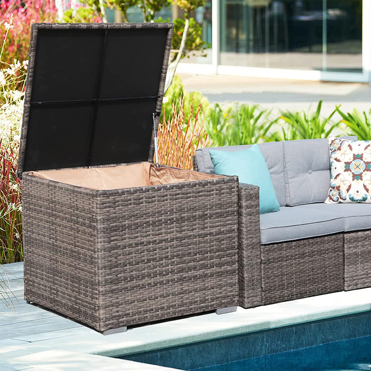 JOIVI Outdoor Patio Storage Box, Brown Wicker Storage Bin Deck Box, 88 Gallon