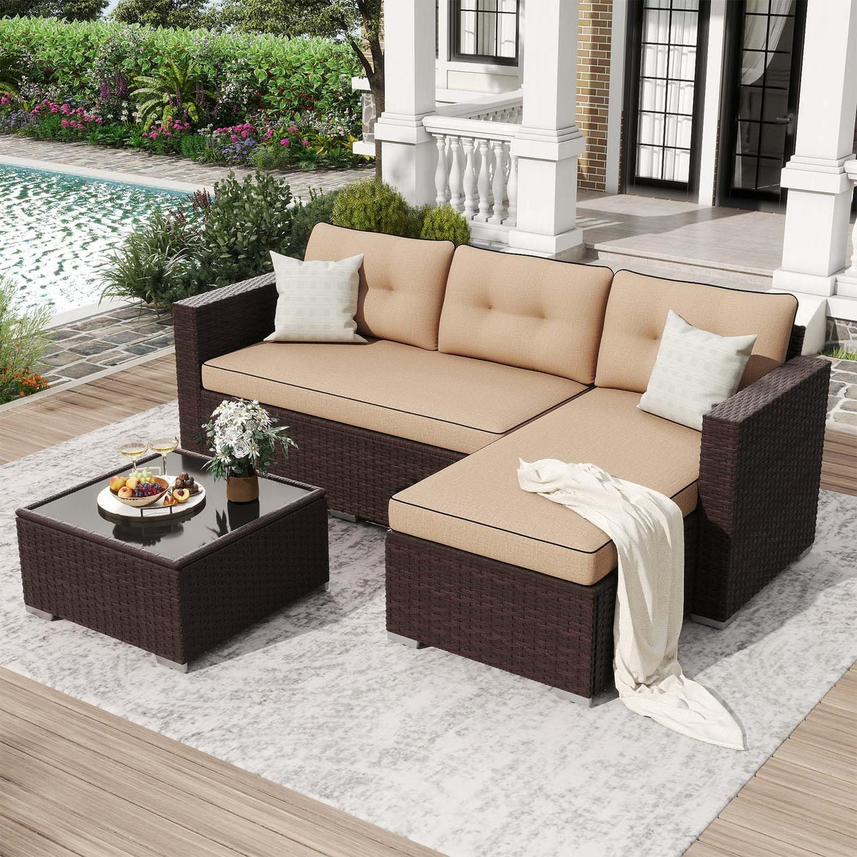 JOIVI 3 Pieces Patio Conversation Set, PE Wicker Rattan Outdoor Furniture Set, 2 Ways Small Sectional Sofa with Cushions, Tempered Glass Coffee Table