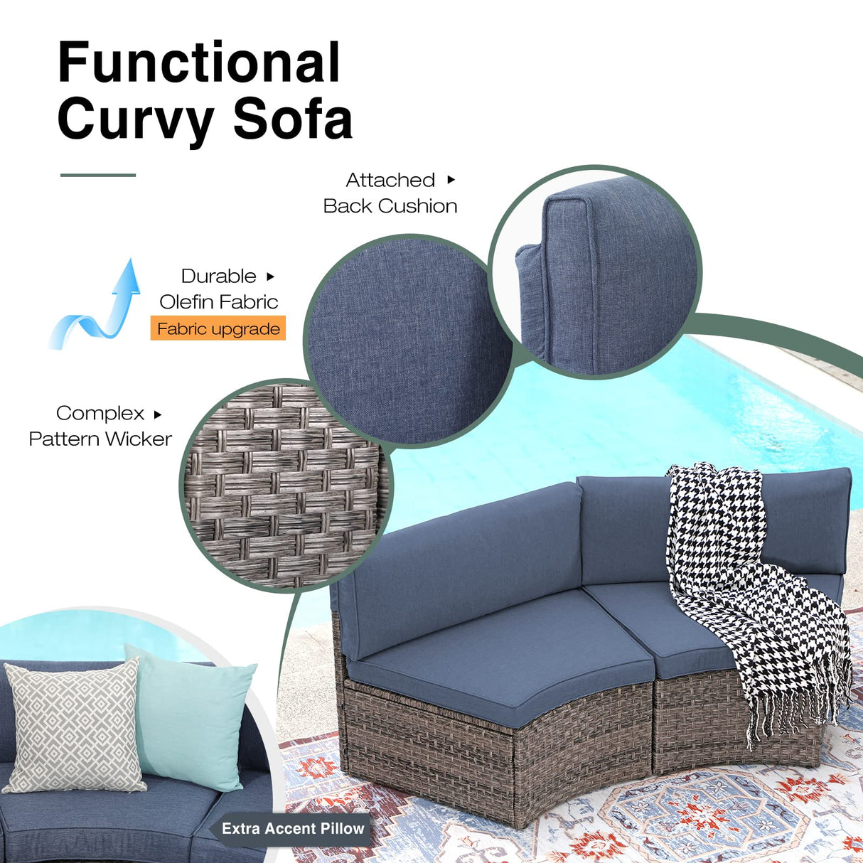 JOIVI 7-Piece Outdoor Patio Furniture Set, Sectional Half-Moon Sofa, Coffee Table, 4 Pillows, Cushion, with Waterproof Cover, for Garden, Backyard, Porch, Sunroom or Pool