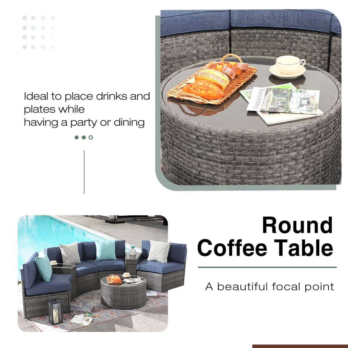JOIVI 7-Piece Outdoor Patio Furniture Set, Sectional Half-Moon Sofa, Coffee Table, 4 Pillows, Cushion, with Waterproof Cover, for Garden, Backyard, Porch, Sunroom or Pool
