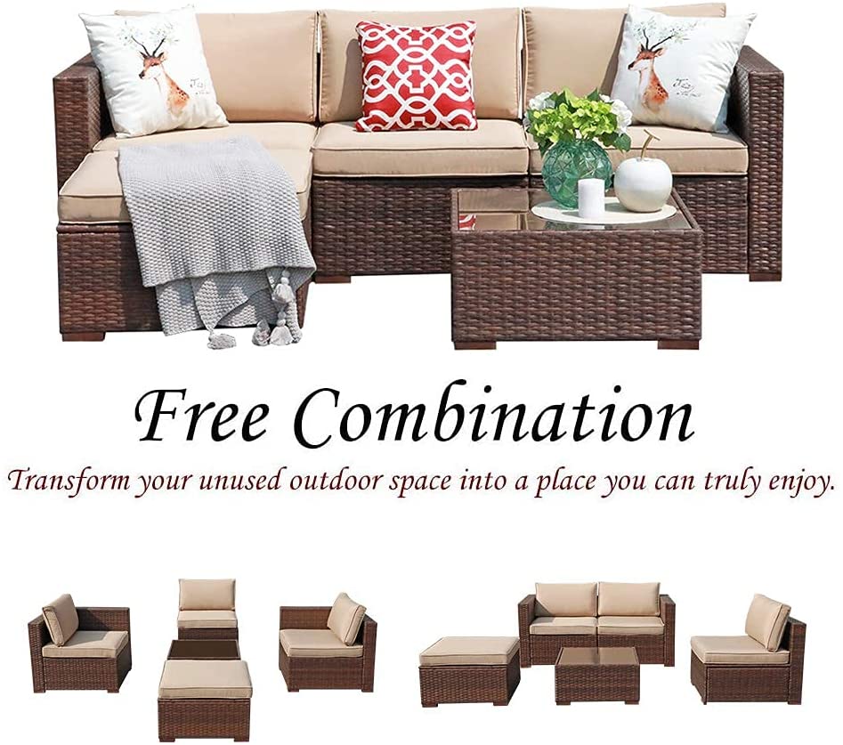 JOIVI 2 PCS Outdoor Patio Ottoman with Thick Cushions,Brown - JOIVI